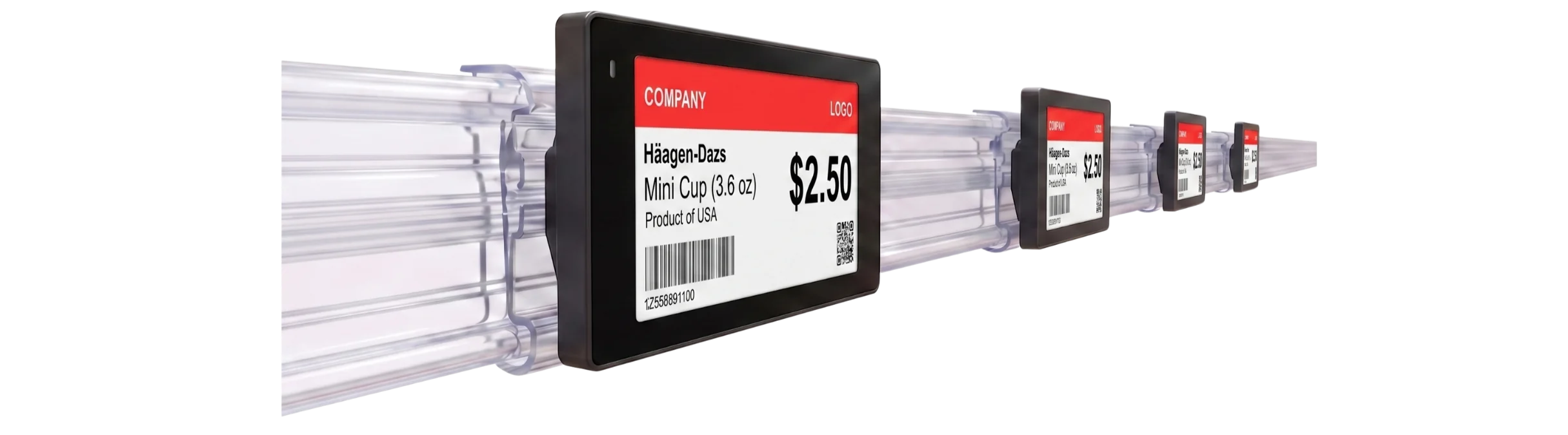 Electronic shelf labels mounted on a retail shelf rail
